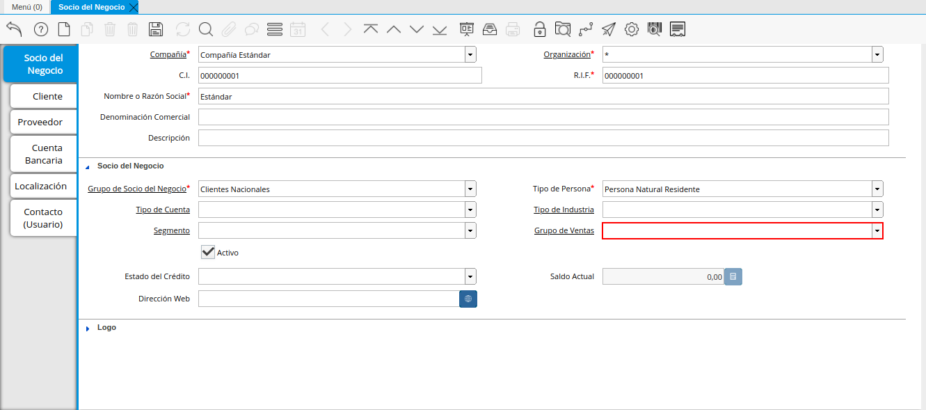 Campo Grupo de Ventas de la Pestaña Principal Socio del Negocio