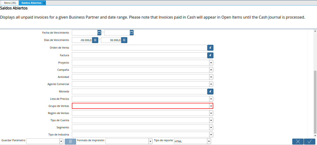campo grupo de ventas del reporte de saldos abiertos