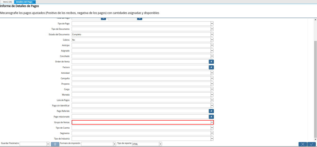campo grupo de ventas del reporte detalles del pago