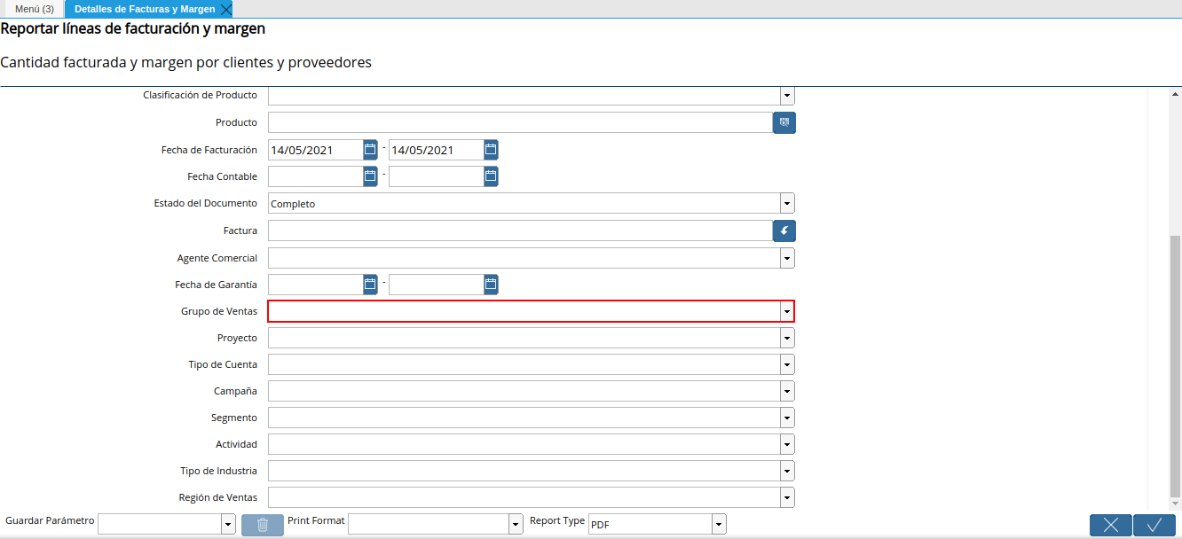 campo grupo de ventas del reporte detalles de facturas y margen