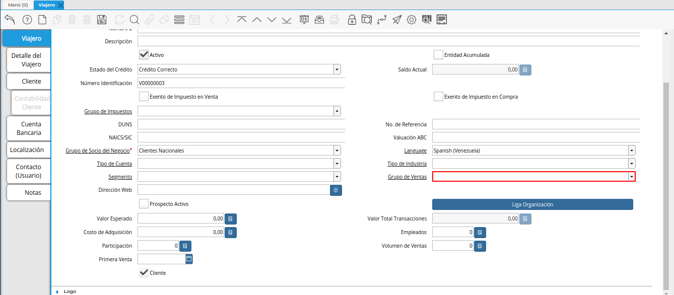 campo grupo de ventas de la ventana viajero