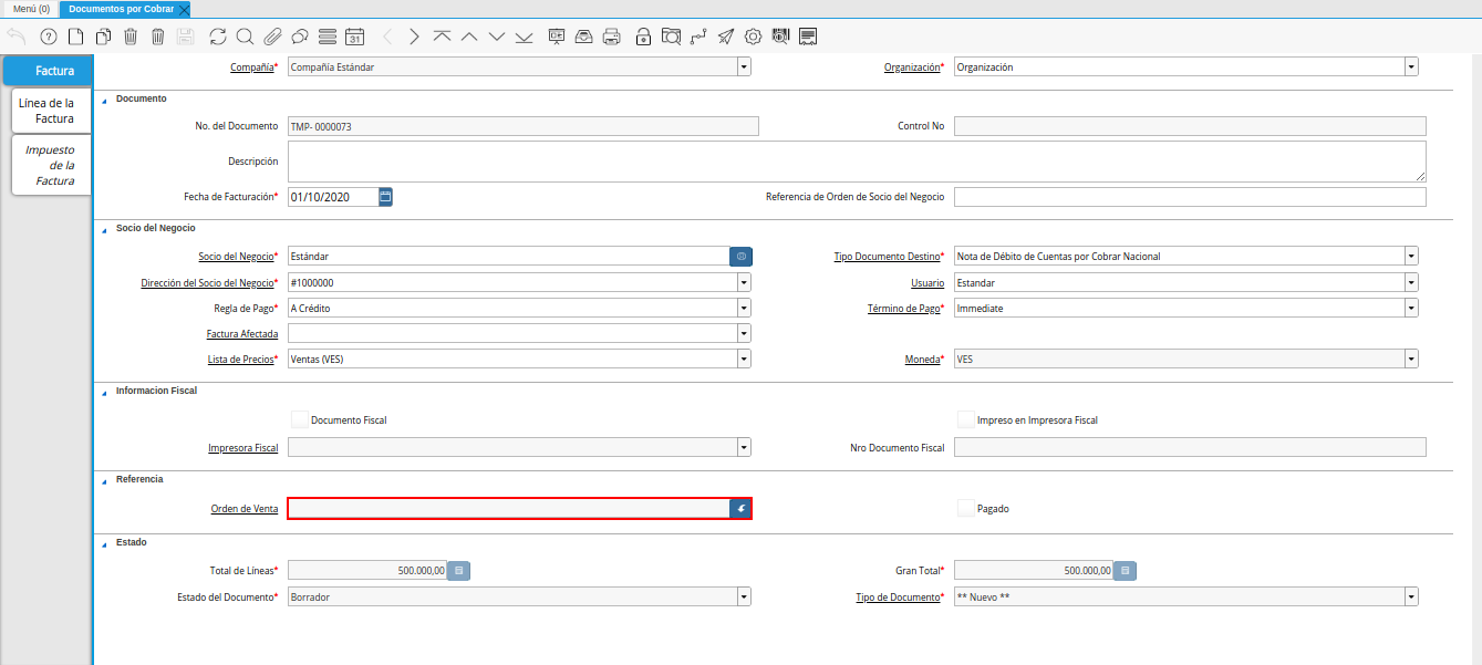 campo orden de venta nota de débito