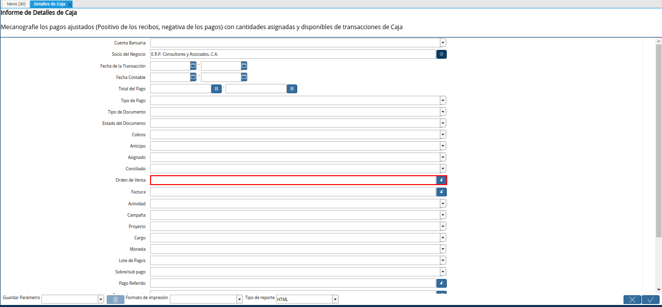 campo orden de venta del reporte detalle de caja