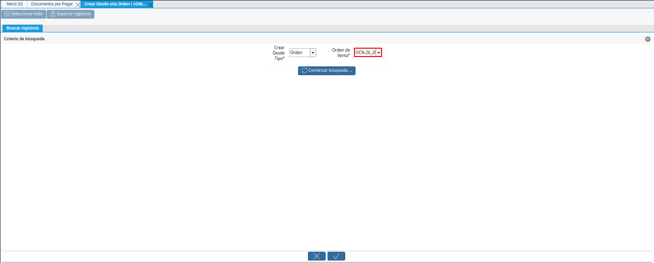 campo orden de venta de la ventana crear desde
