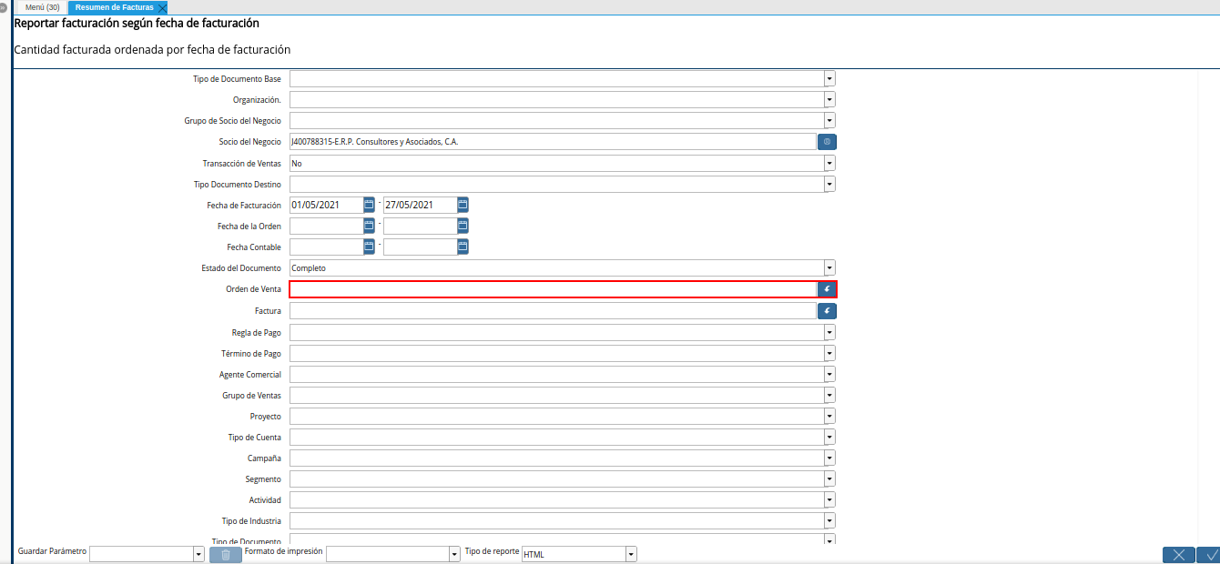campo orden de venta del reporte resumen de facturas