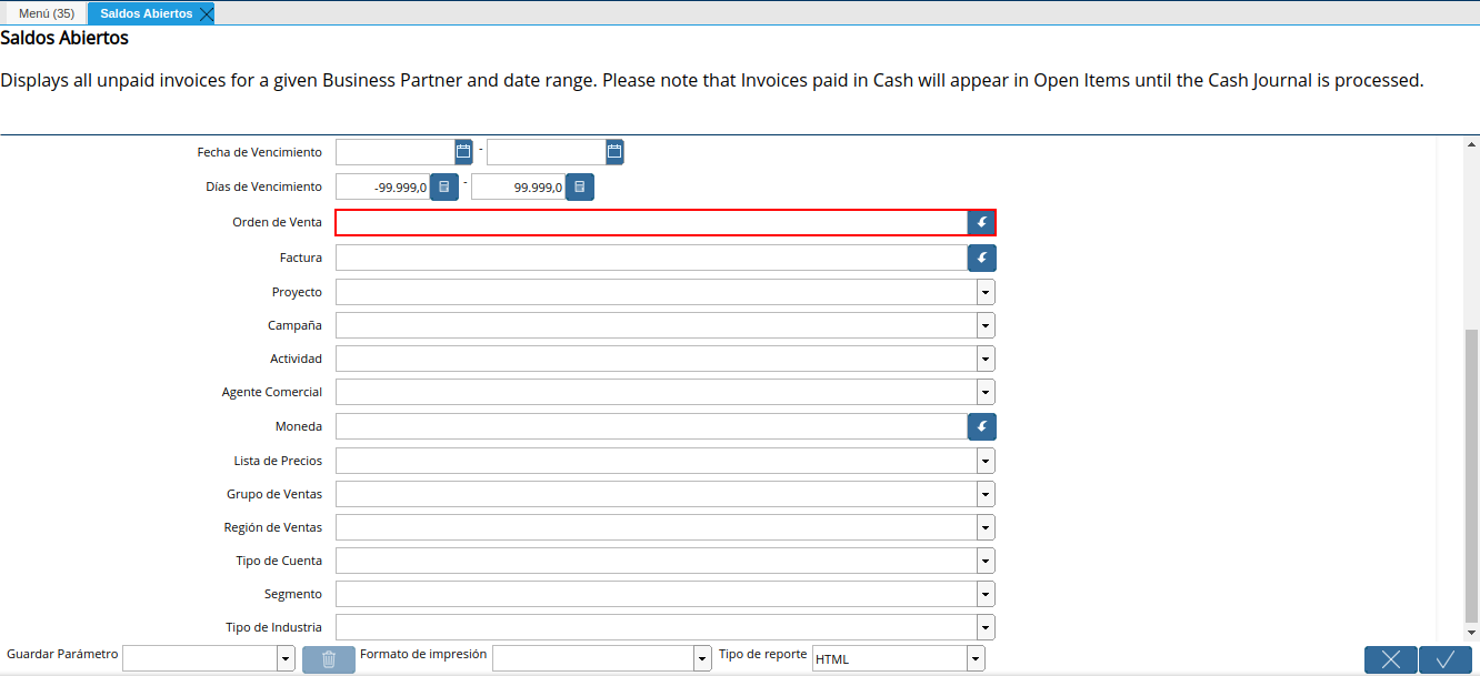 campo orden de venta del reporte de saldos abiertos