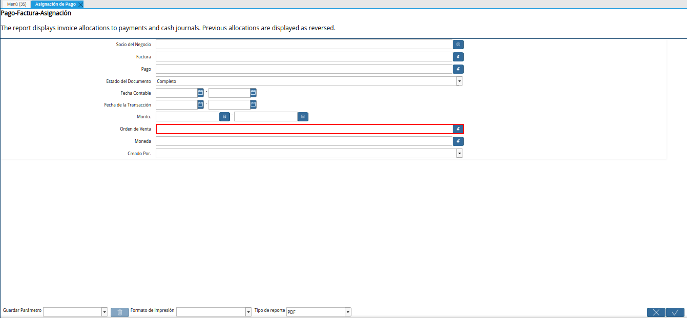 campo orden de venta del reporte asignación de pago