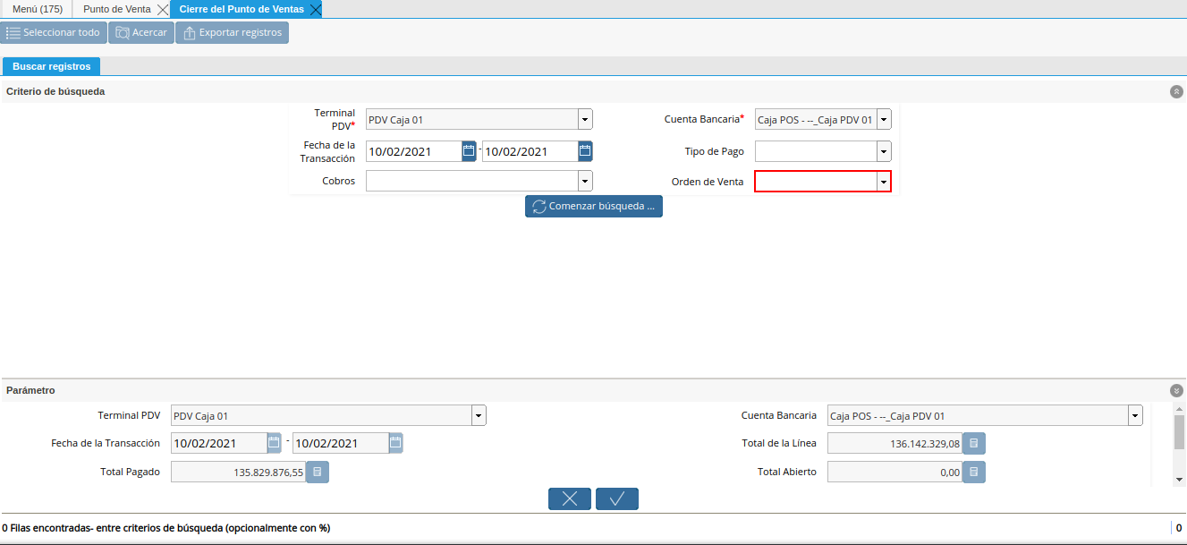 campo orden de venta del filtro de búsqueda de la ventana cierre de caja del punto de venta