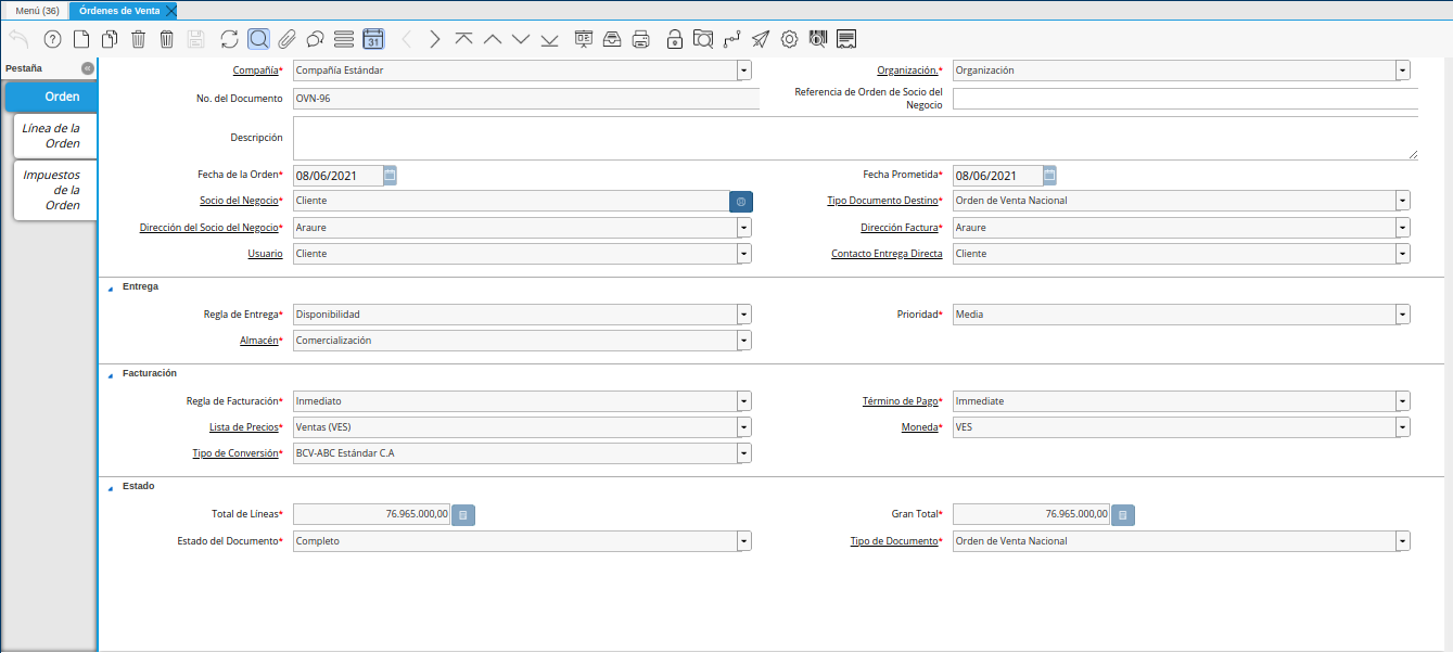 orden de venta para mantenimiento por garantía