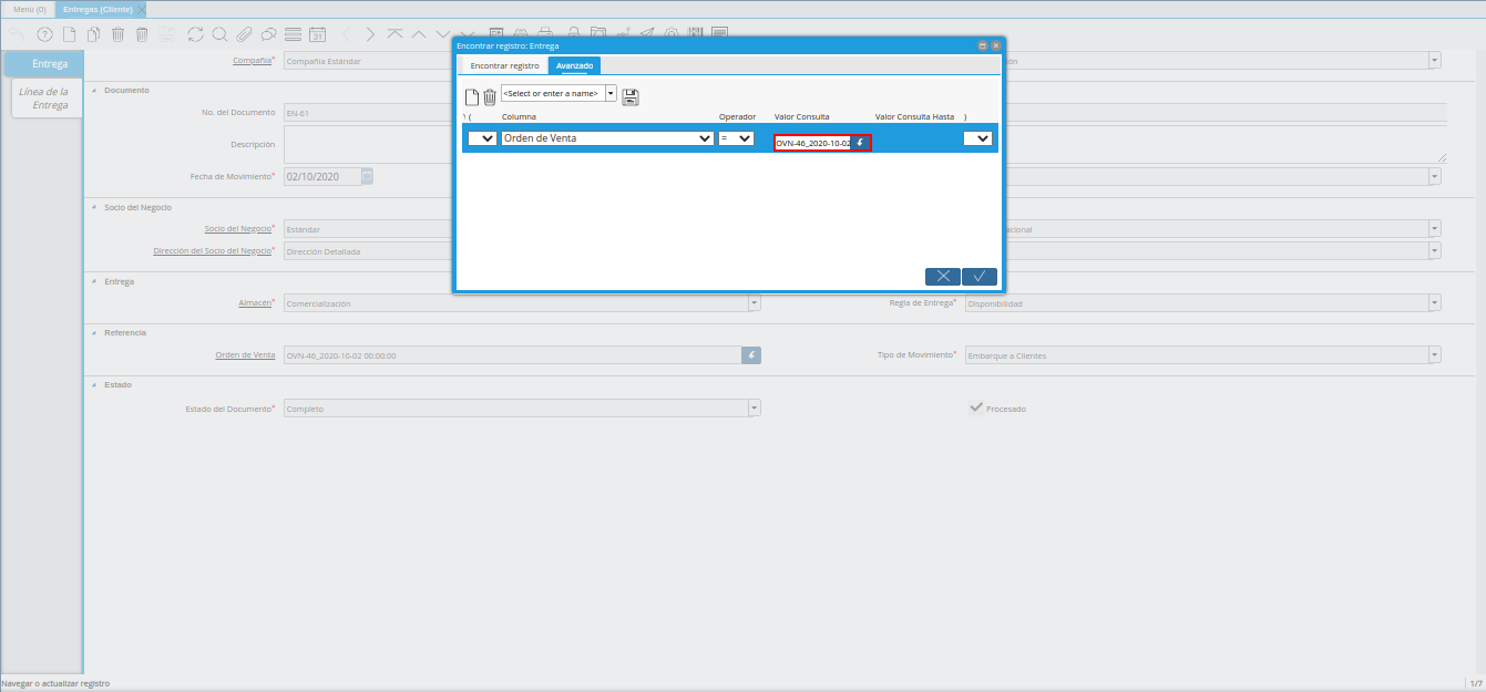 Número de Orden de Venta en la Ventana Encontrar Registro Entrega