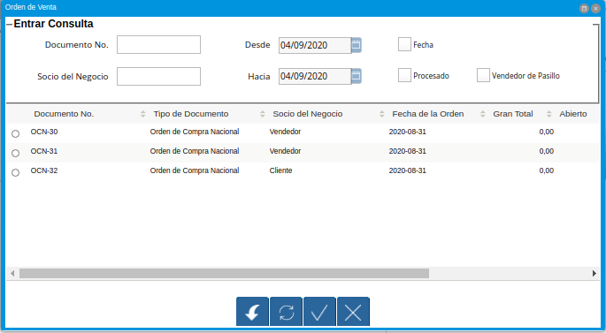 Ventana Orden de Venta Desplegada por el Icono Registros Históricos de la Barra de Herramientas del Punto de Venta