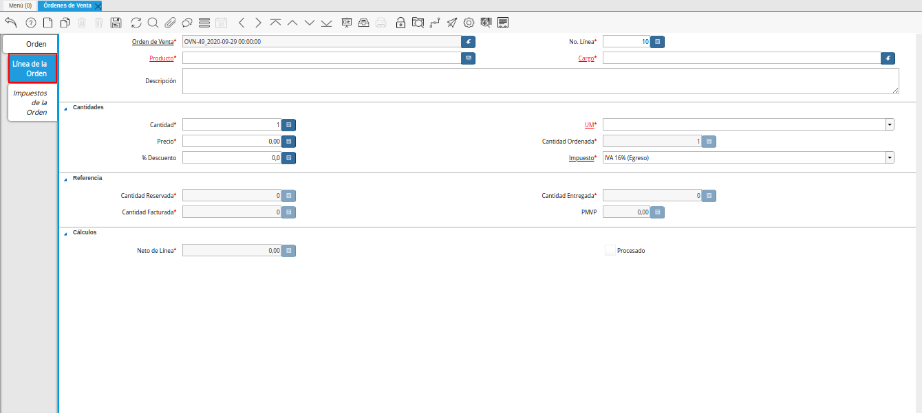 línea de la orden de la ventana órdenes de venta