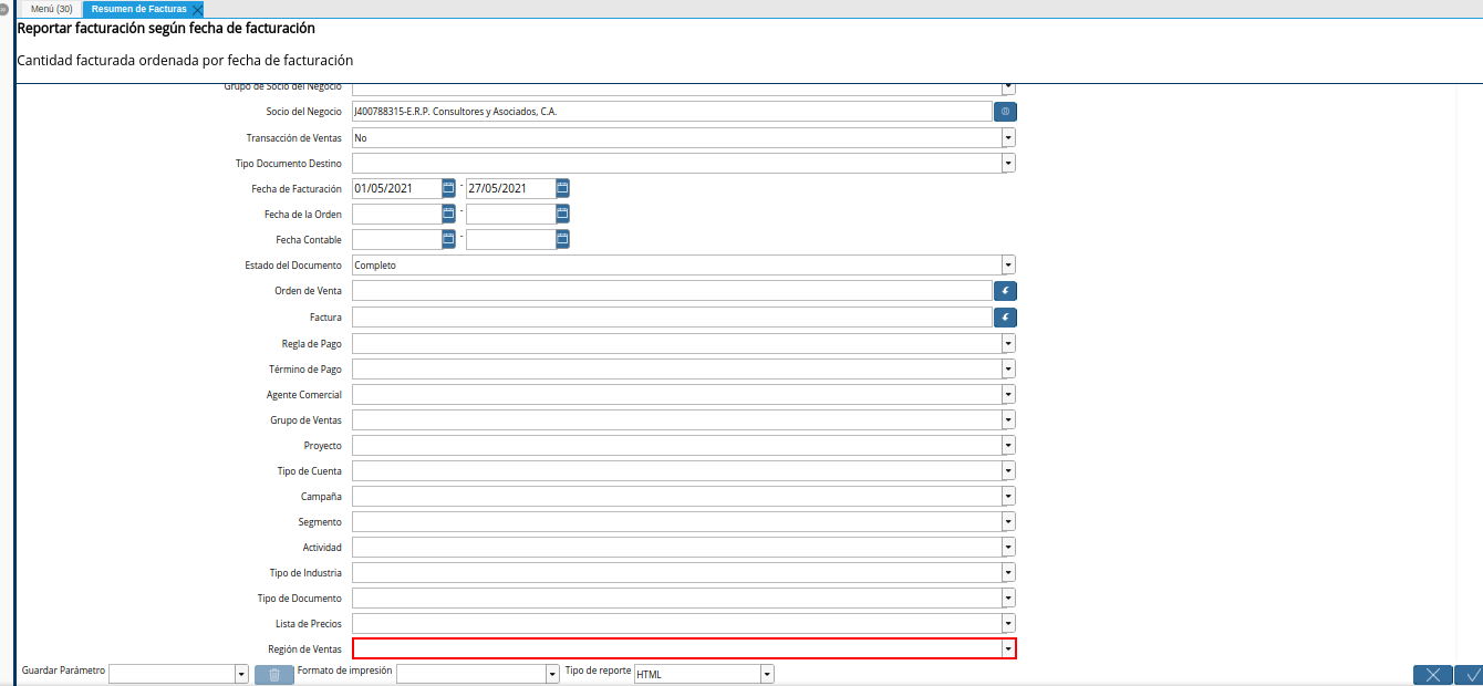 campo región de ventas del reporte resumen de facturas