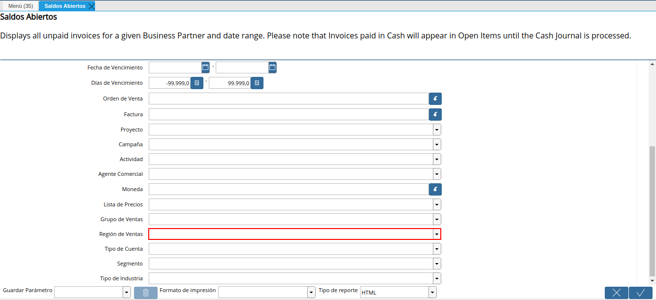 campo región de ventas del reporte de saldos abiertos