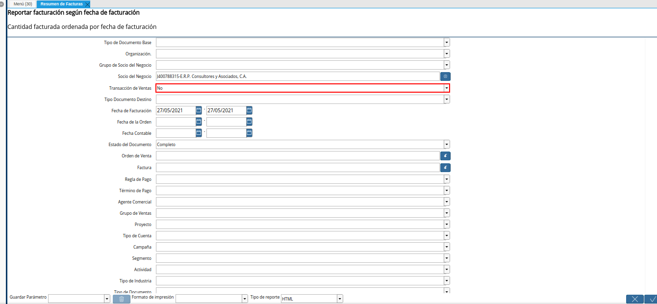 campo transacción de ventas del reporte resumen de facturas