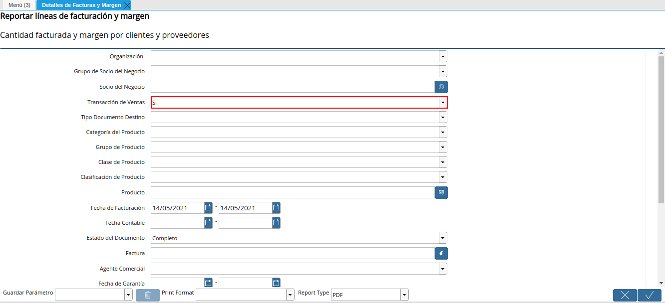campo transacción de ventas del reporte detalles de facturas y margen