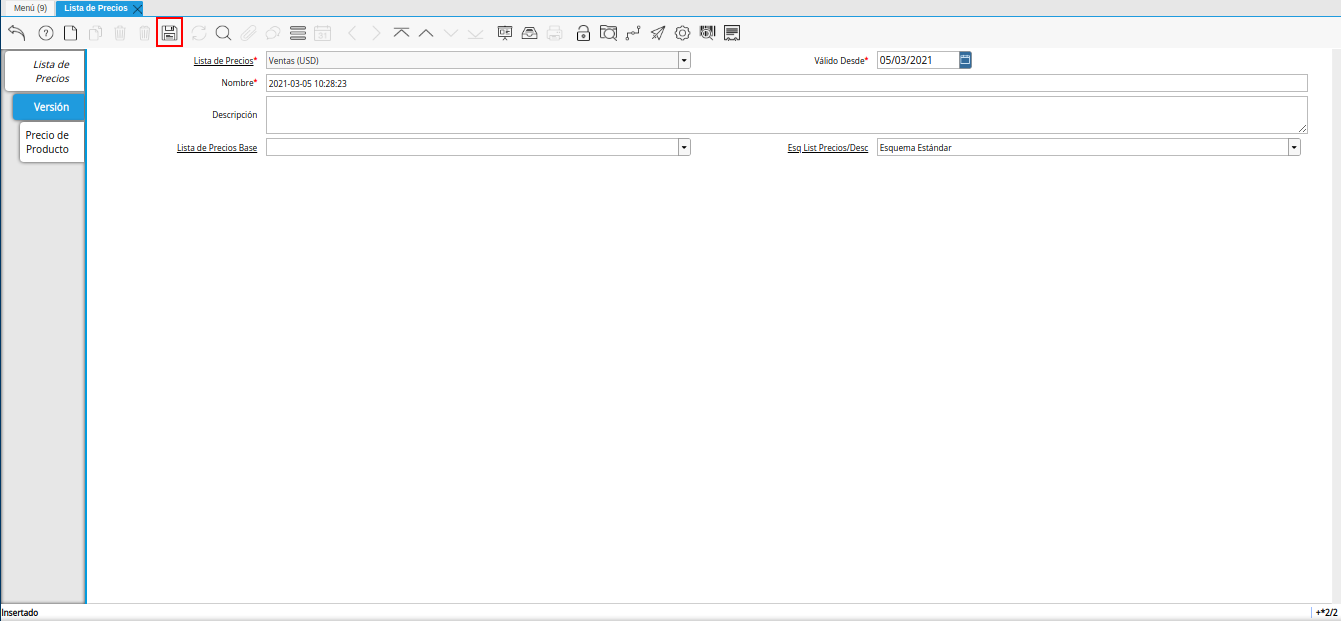 icono guardar cambios para lista de precios base
