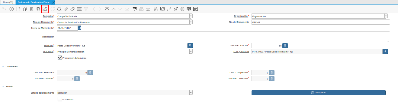 Icono Guardar Cambios de la Ventana Órdenes de Producción Planeadas