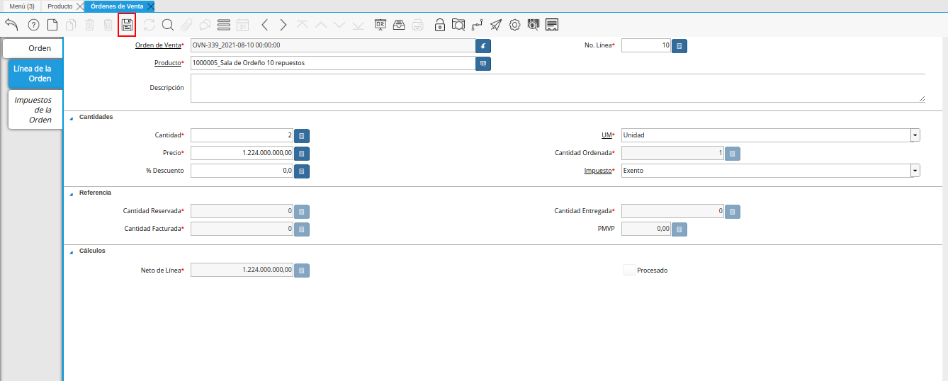 icono guardar cambios de la pestaña línea de la orden