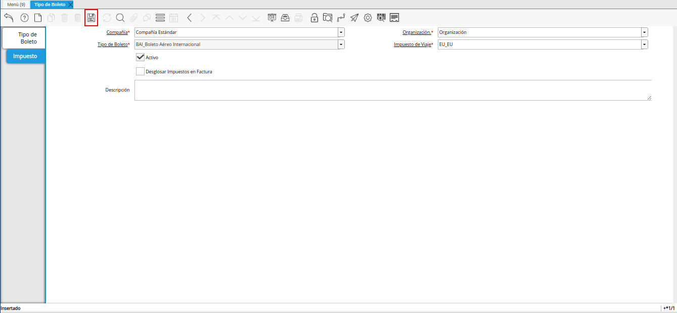 icono guardar cambios de la pestaña impuesto