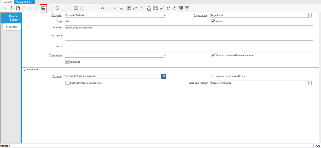 icono guardar cambios de la ventana tipo de boleto