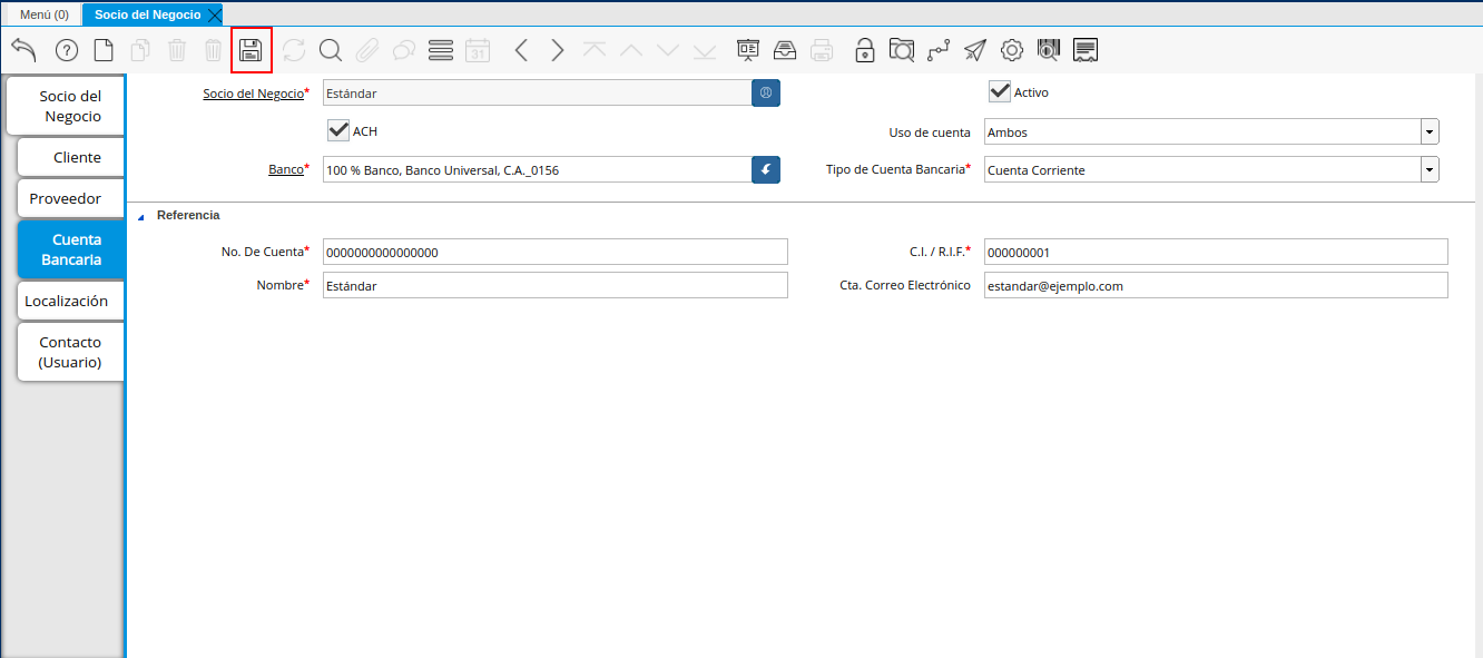Icono Guardar Cambios de la Pestaña Cuenta Bancaria del Registro Cliente