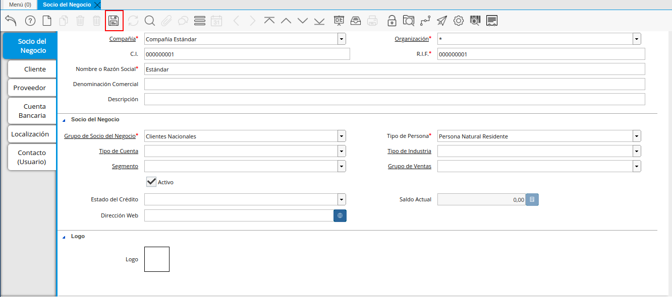 Icono Guardar Cambios de la Pestaña Principal Socio del Negocio