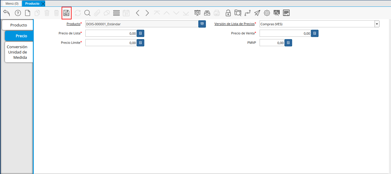 Icono Guardar Cambios de la Pestaña Precio de la Ventana Producto