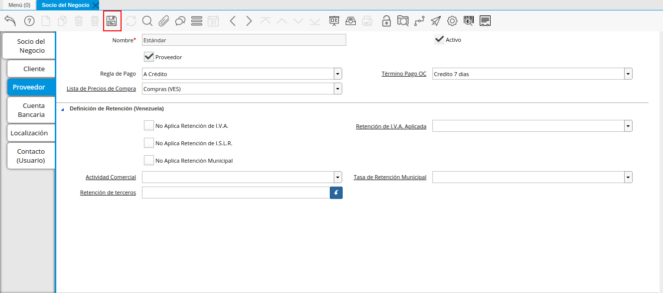 Icono Guardar Cambios de la Pestaña Proveedor