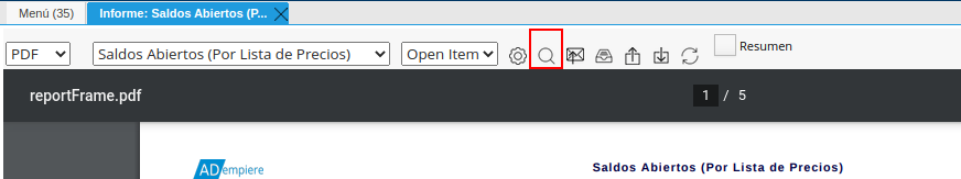 opción buscar del informe de la barra