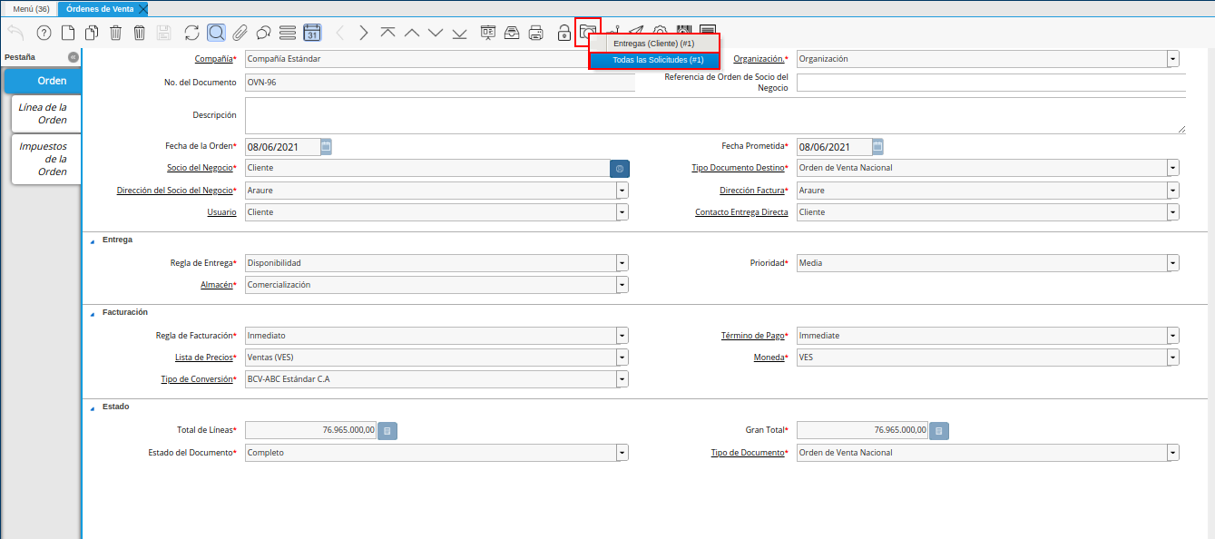 seleccionar opción todas las solicitudes