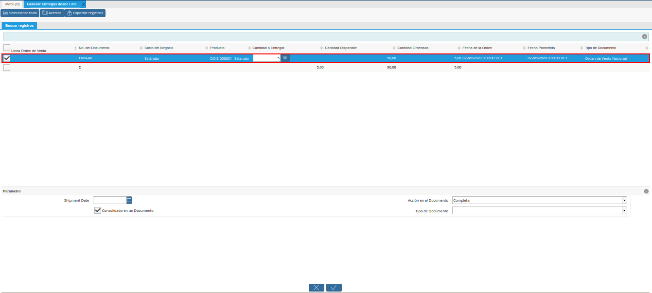 Selección de Líneas de la Orden de la Ventana Generar Entrega desde Líneas de la Orden