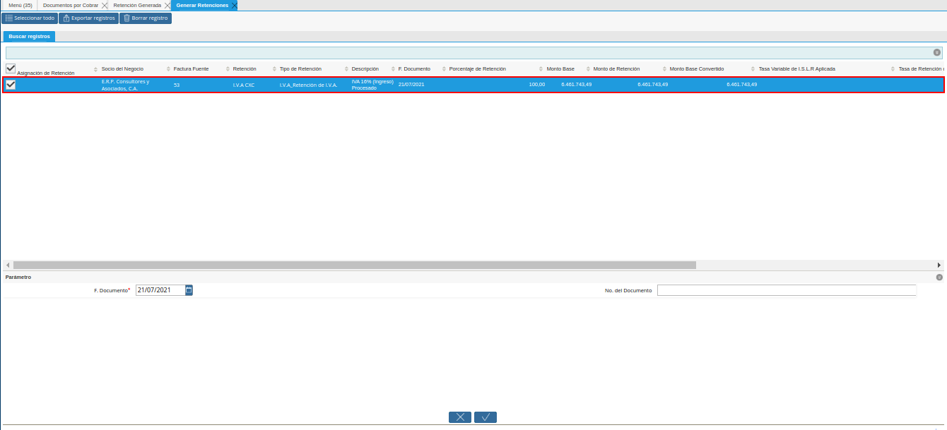 selección de registros para retención