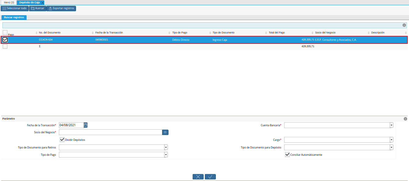 seleccion de movimiento a depositar de la ventana deposito a caja