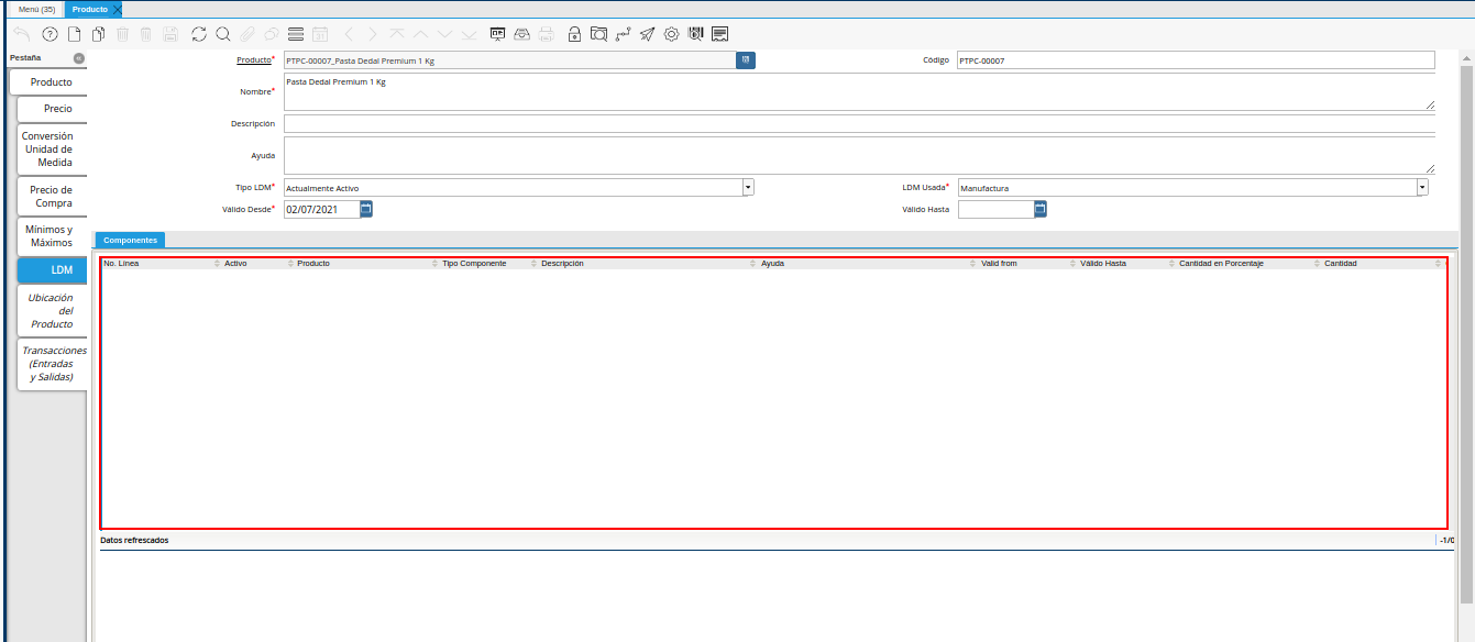 selección del grupo de campos componentes de la pestaña ldm