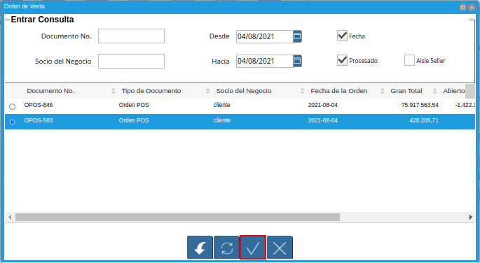 Selección de la Opción OK de la Orden de Venta a Anular