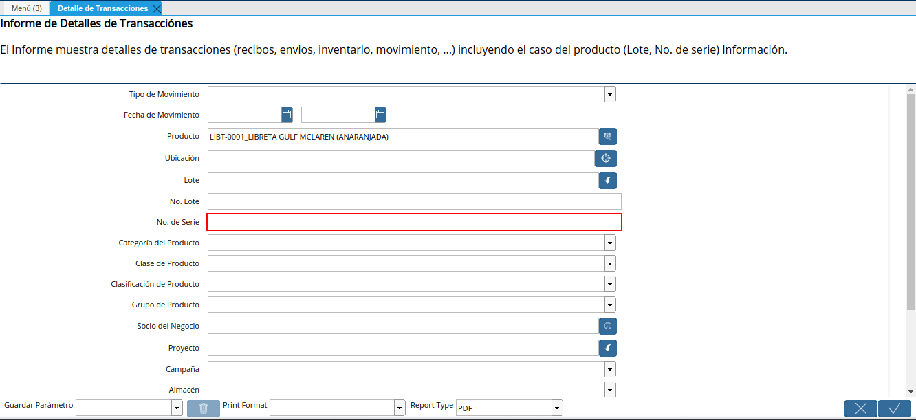 campo nro de serie de la ventana detalle de transacciones