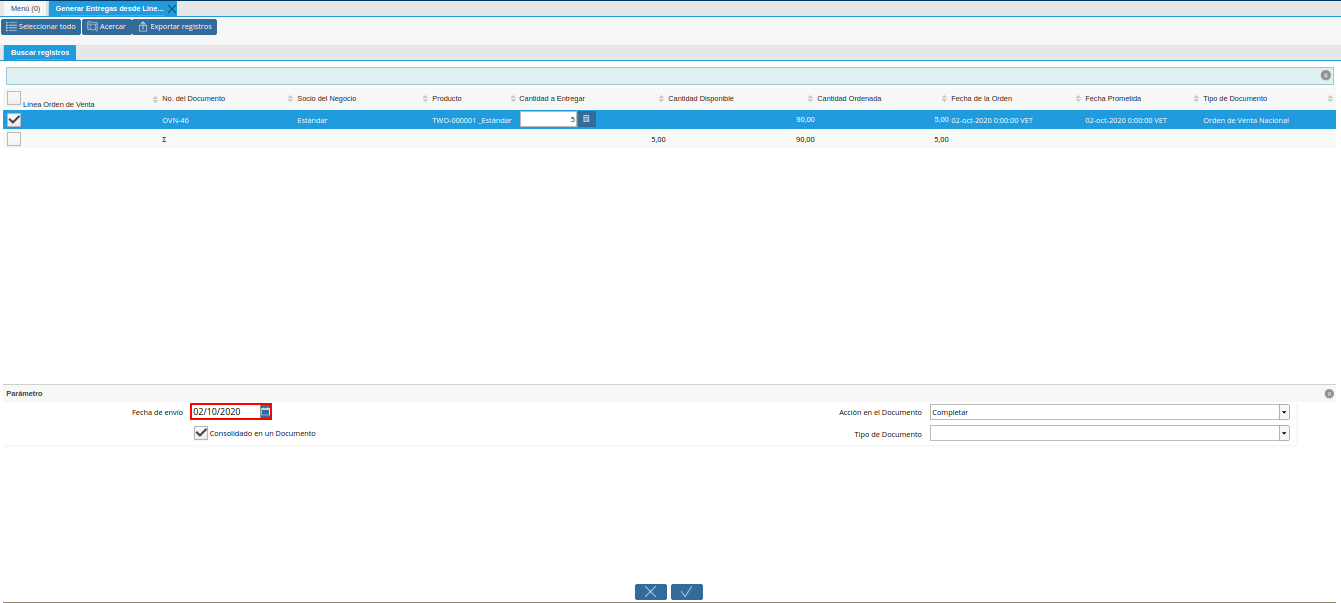 Campo Fecha de Envio de la Ventana Generar Entrega desde Líneas de la Orden