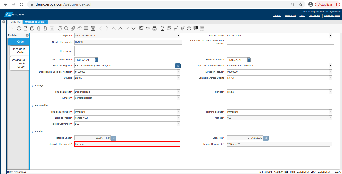 campo estado del documento de la orden de venta no fiscal