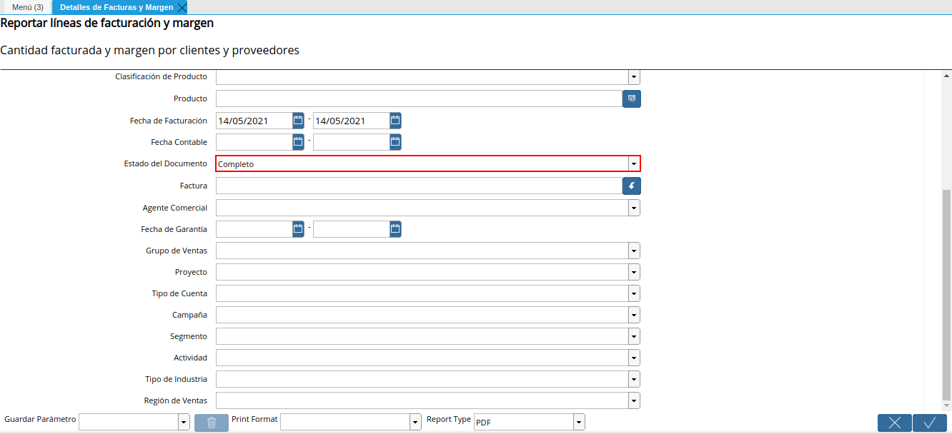 campo estado del documento del reporte detalles de facturas y margen