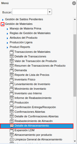 menú del reporte detalle de almacenamiento