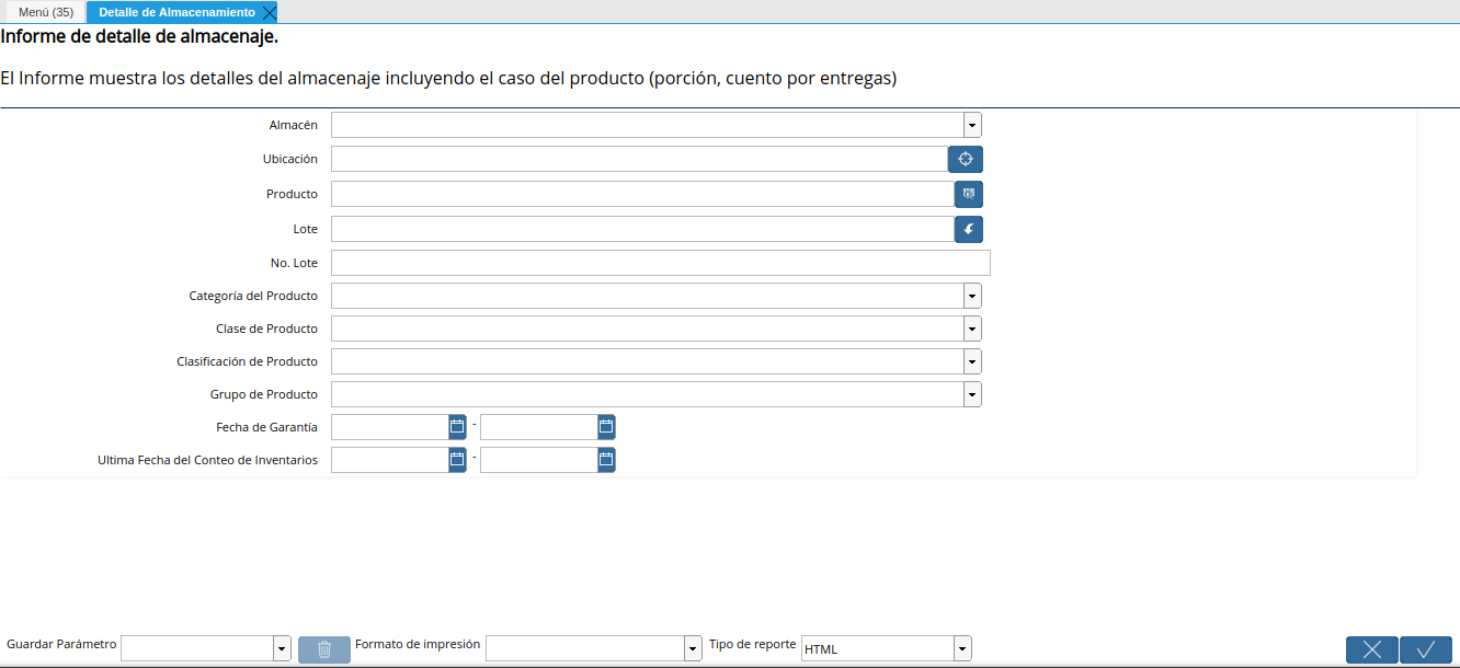 ventana del reporte detalle de almacenamiento