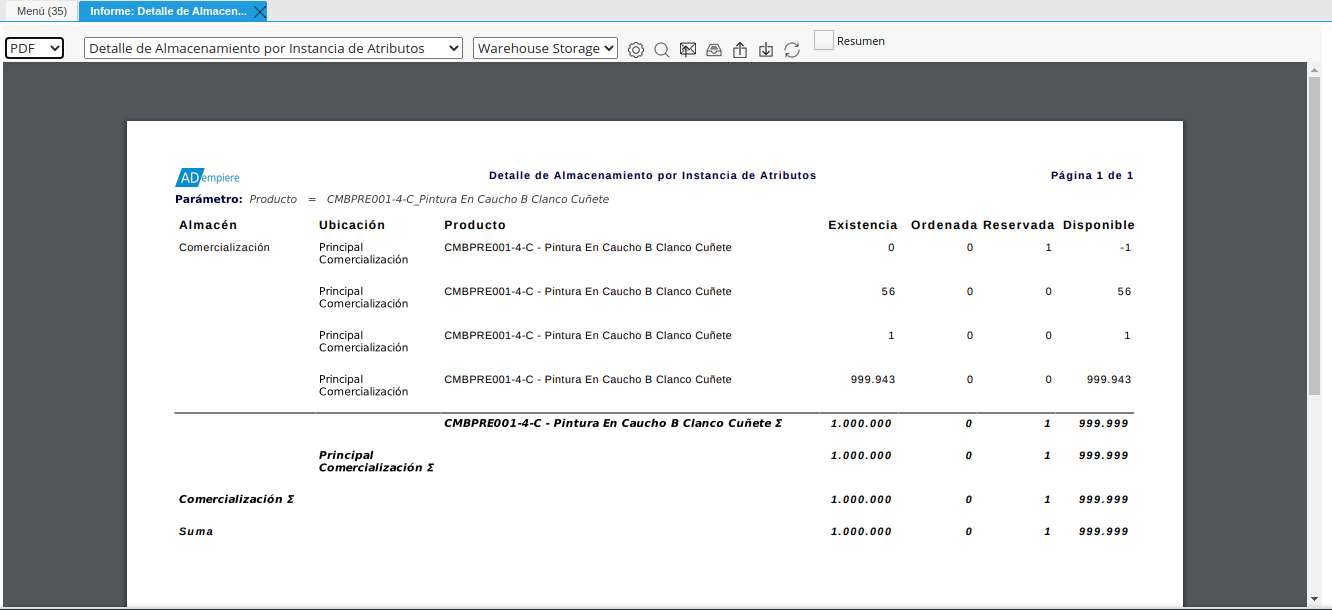 reporte detalle de almacenamiento con formato seleccionado