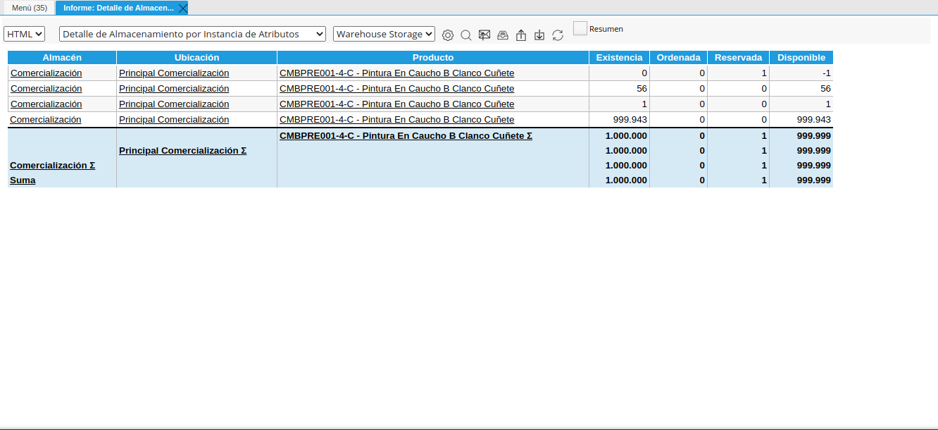reporte detalle de almacenamiento