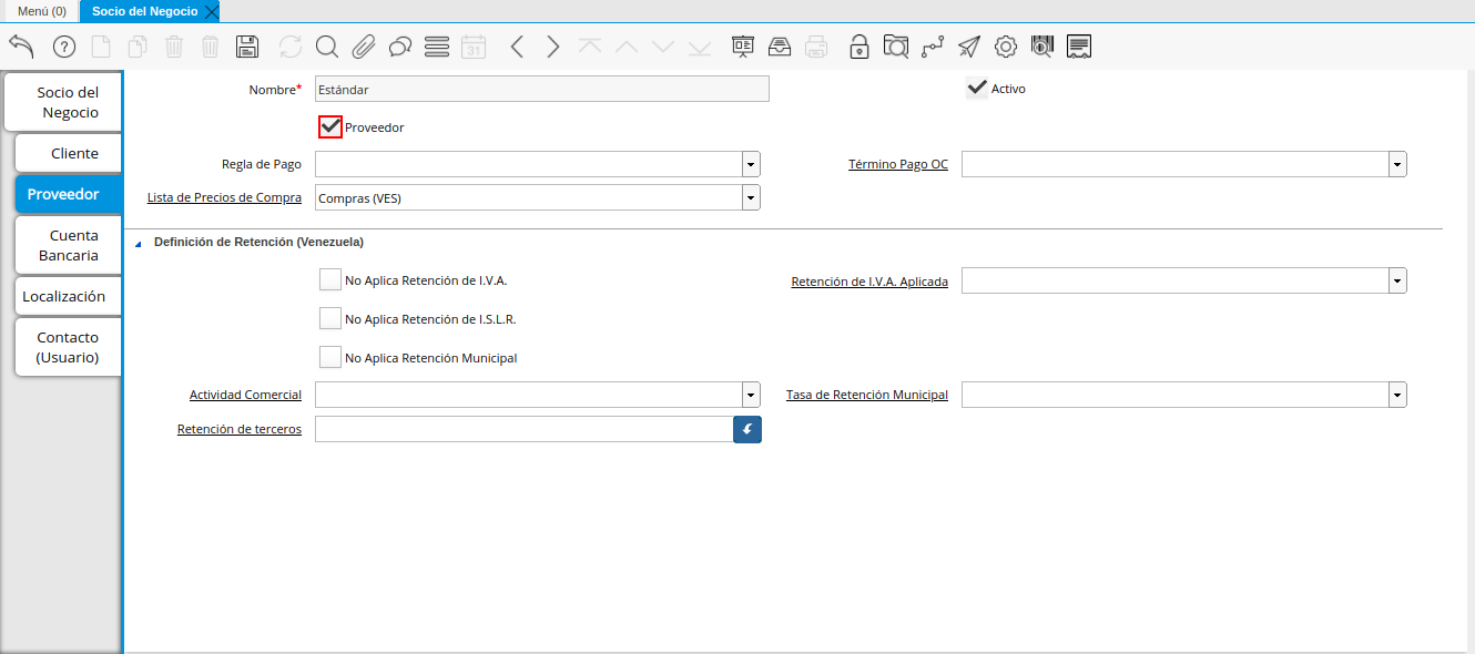 Checklist Proveedor de la Pestaña Proveedor de la Ventana Socio del Negocio