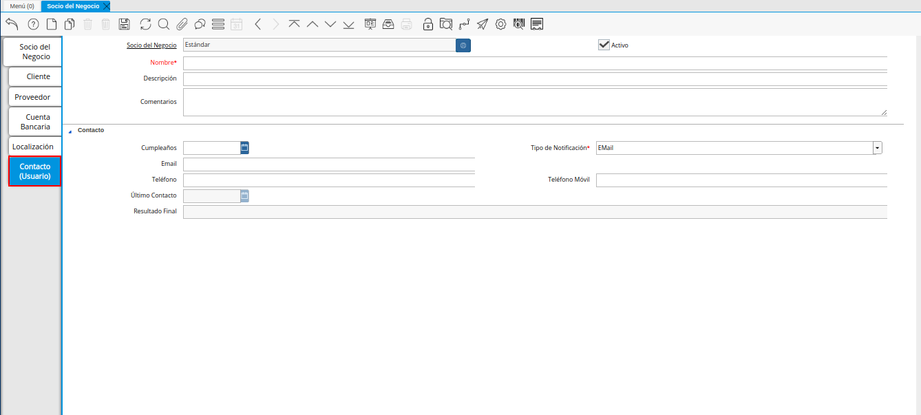 Pestaña Contacto del Registro Proveedor