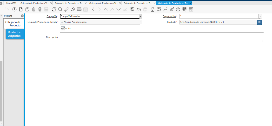 pestaña productos asignados y campo producto