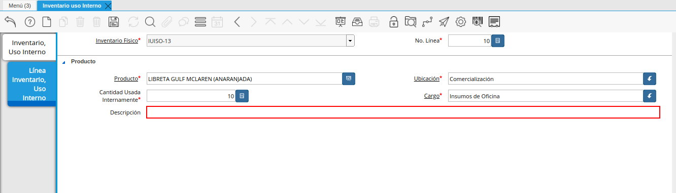 campo descripción de la pestaña línea inventario uso interno