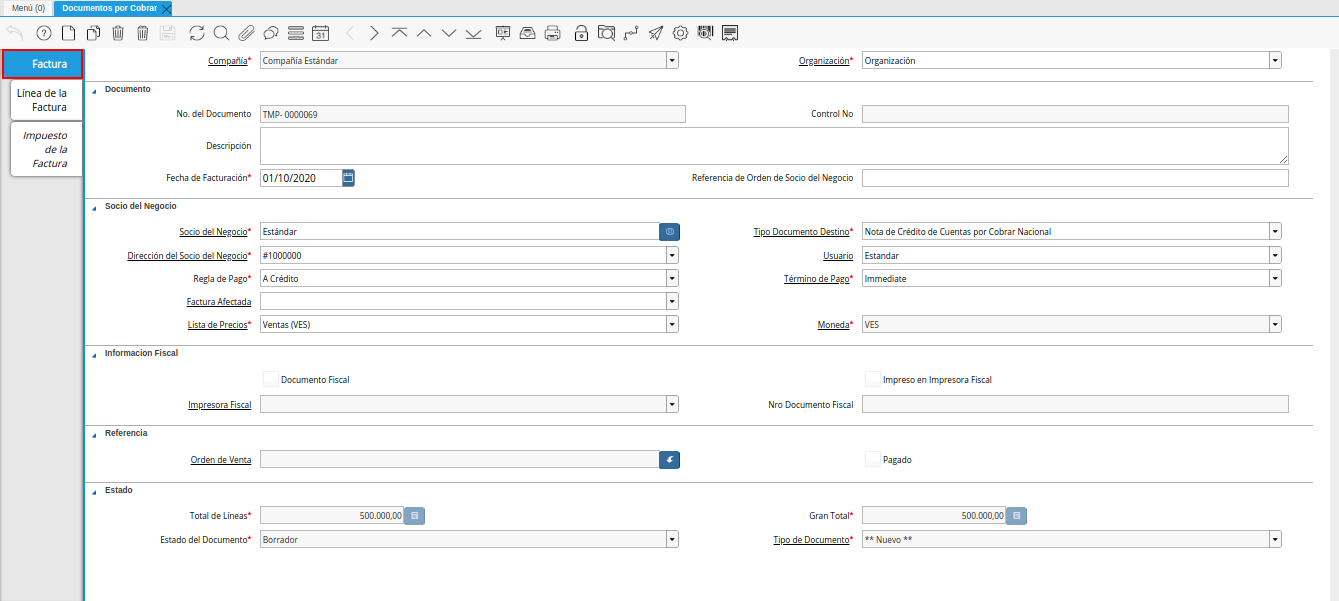 Pestaña Factura nota de crédito