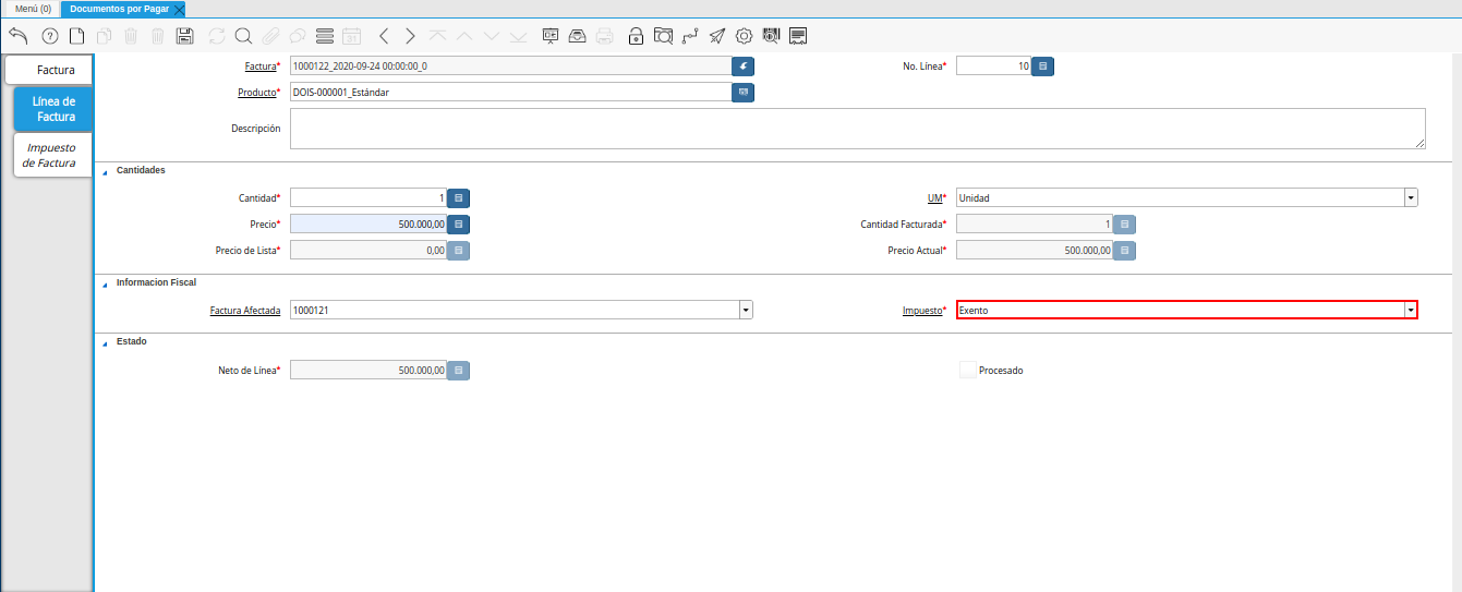 campo impuesto de la pestaña linea de factura débito